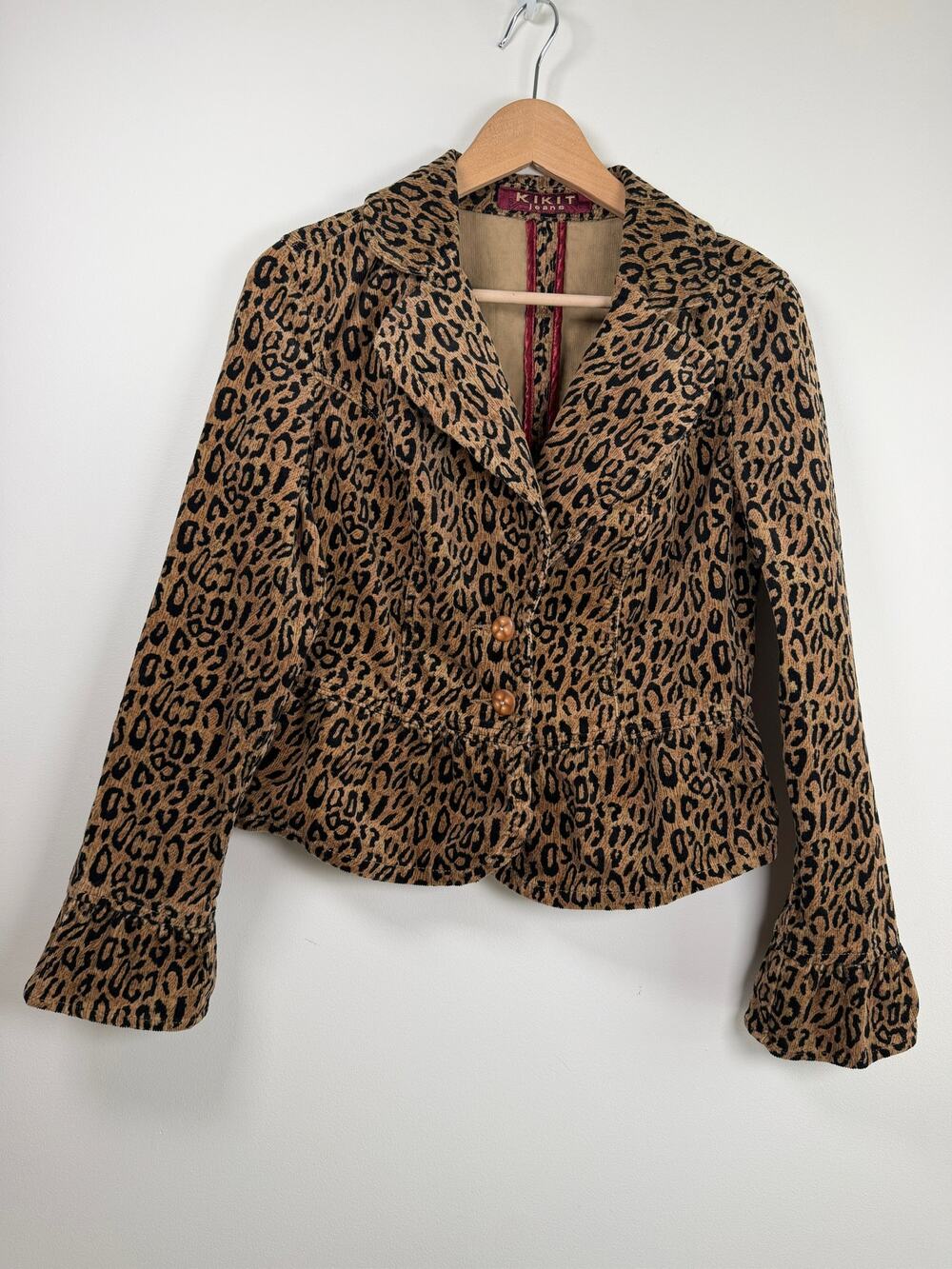Kikit Jeans Leopard Print Cropped Blazer Ruffle Hem Tan Black Size M Chic